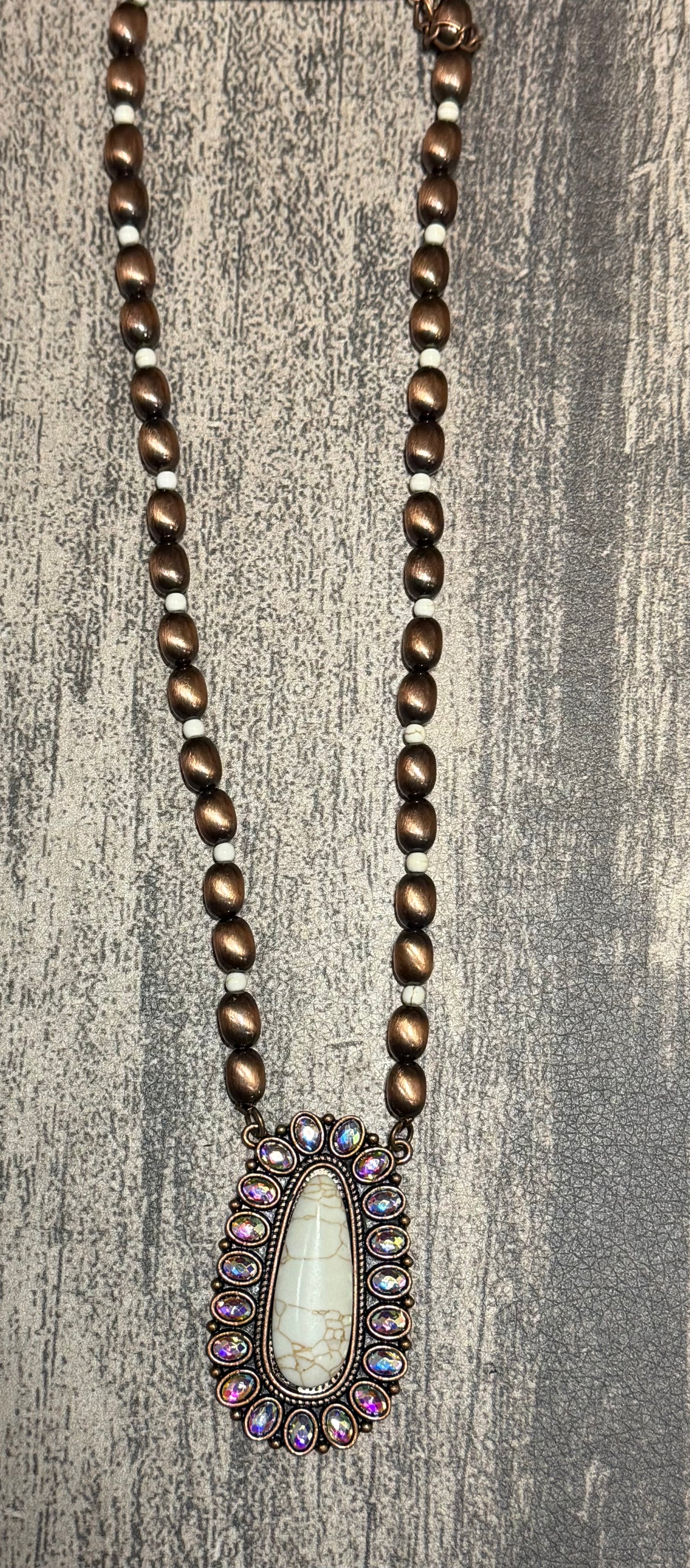 Iridescent Copper and Ivory Pendant on Bead Necklace