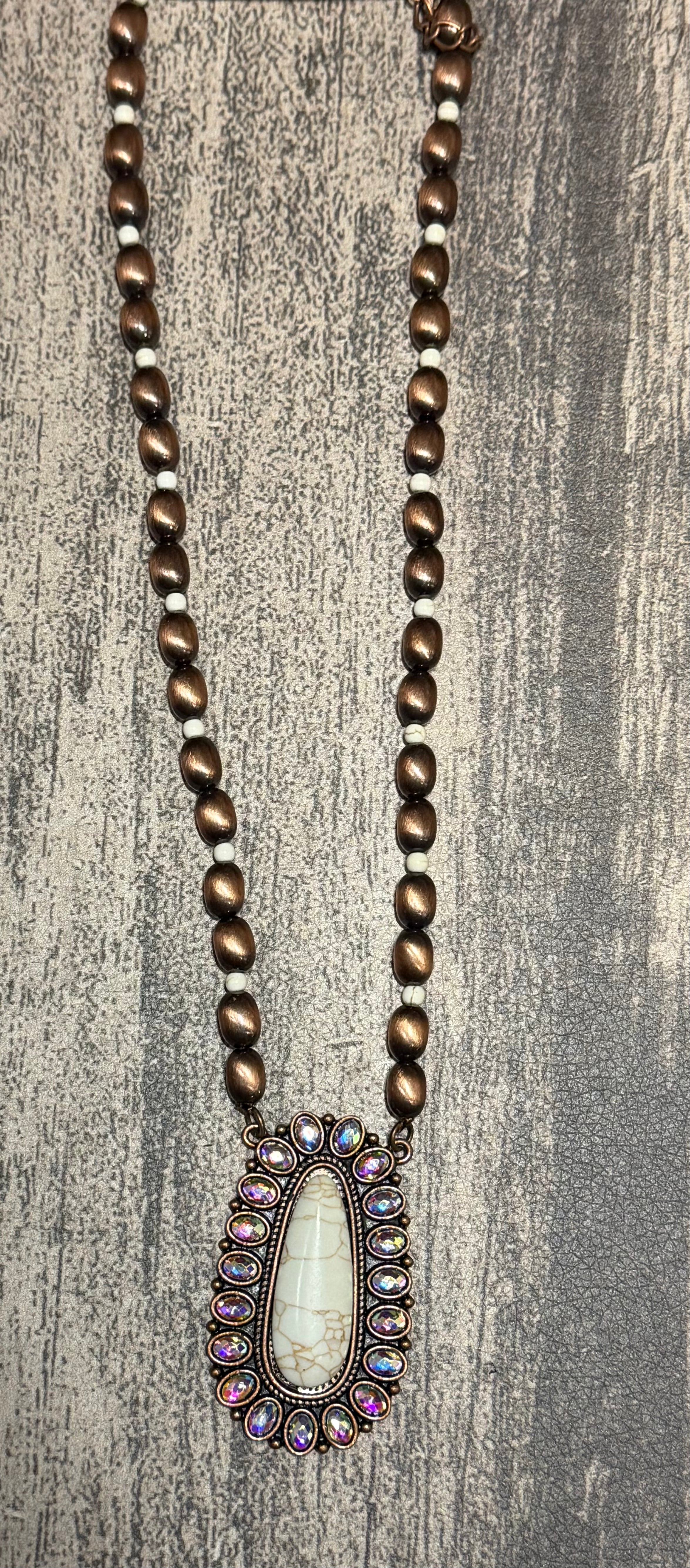 Iridescent Copper and Ivory Pendant on Bead Necklace