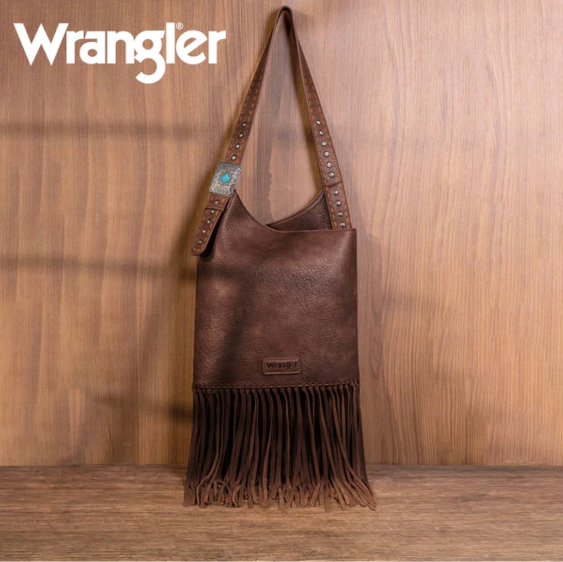 Wrangler Hobo Style Turquoise Stone Concho  Fringe Leather Purse