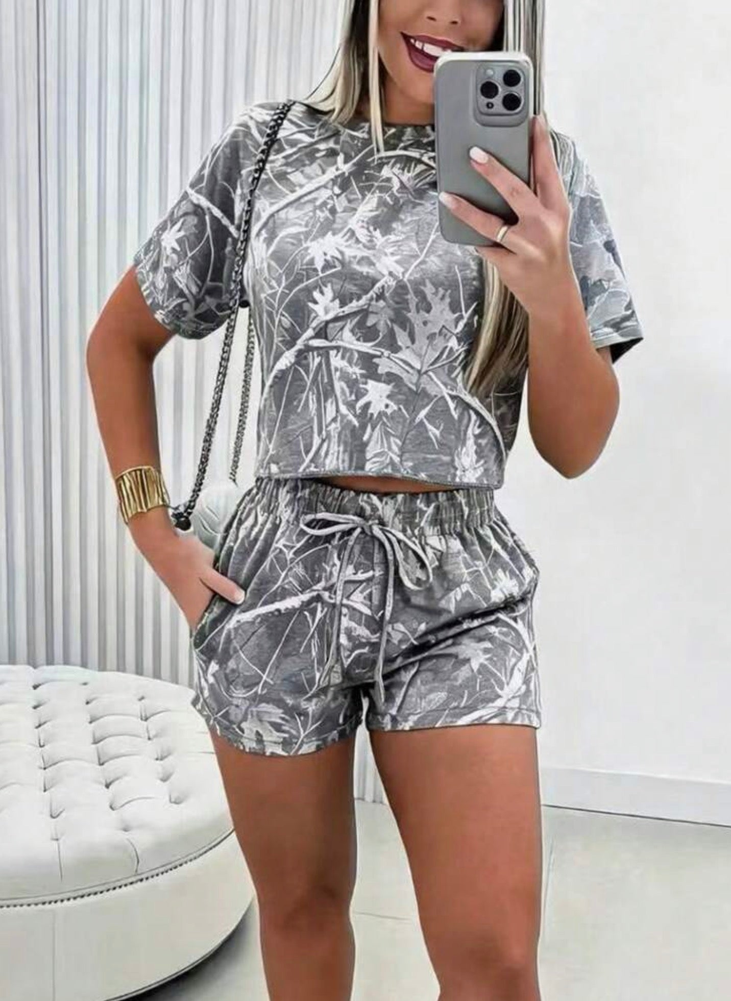 Camo Cropped T-Shirt and Short Set, Grey and White