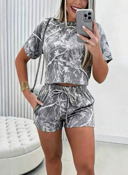 Camo Cropped T-Shirt and Short Set, Grey and White