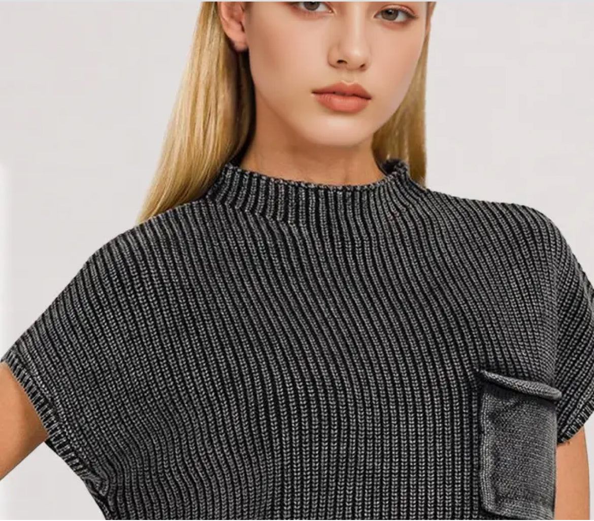 Washed Mock Neck Short Sleeve Sweater