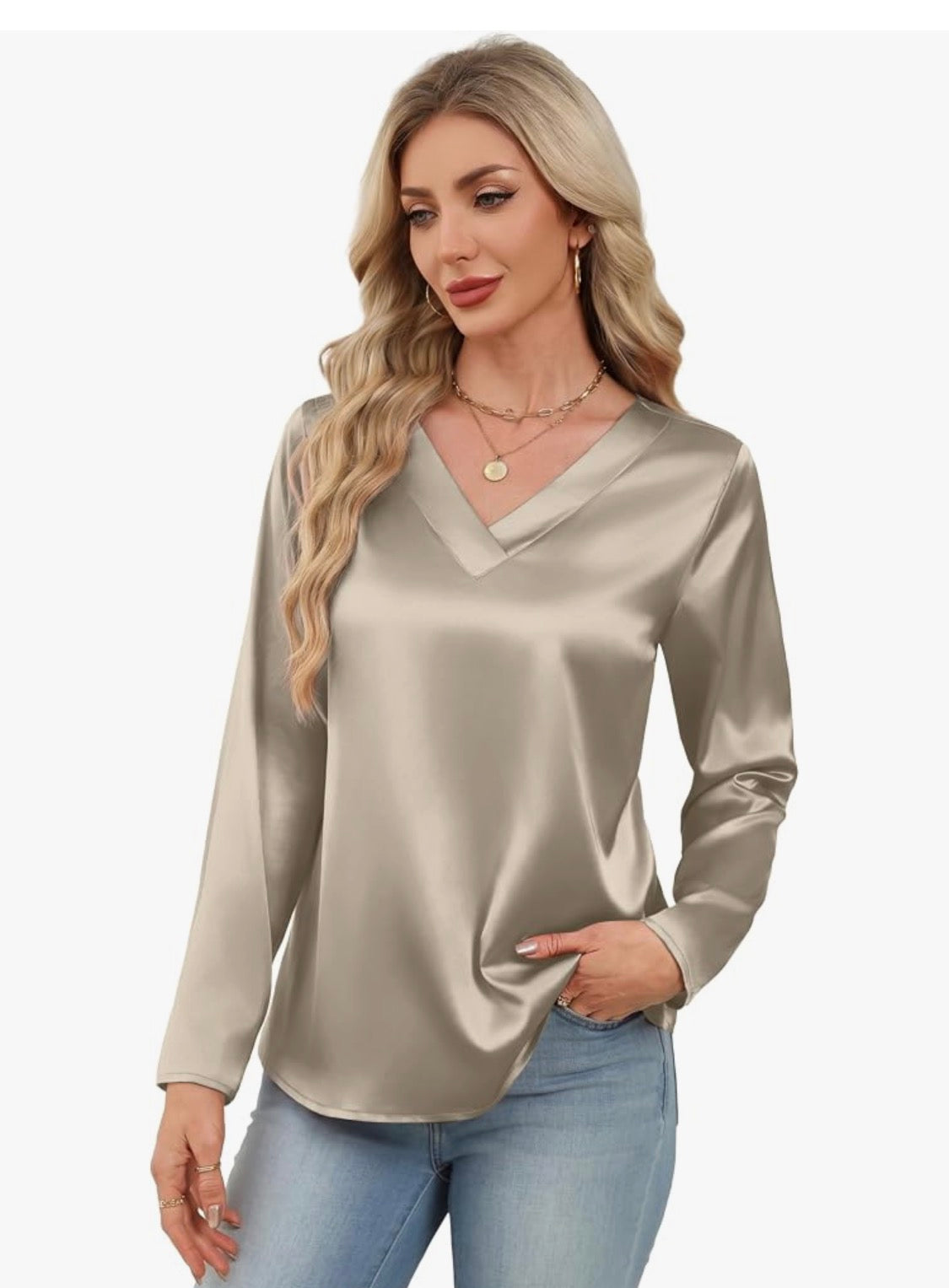 Silky Satin Golden Khaki Long Sleeve Blouse