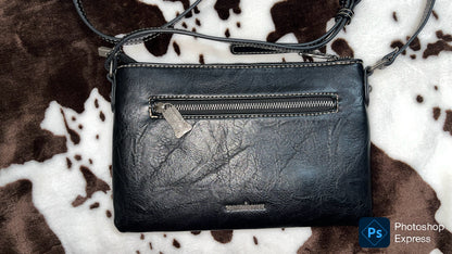 Trinity Ranch Black Crossbody with Turquoise Tooled Leather and Cow Hair on pocket