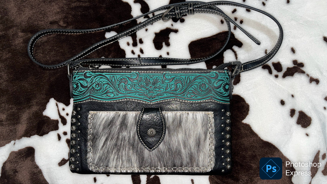 Trinity Ranch Black Crossbody with Turquoise Tooled Leather and Cow Hair on pocket