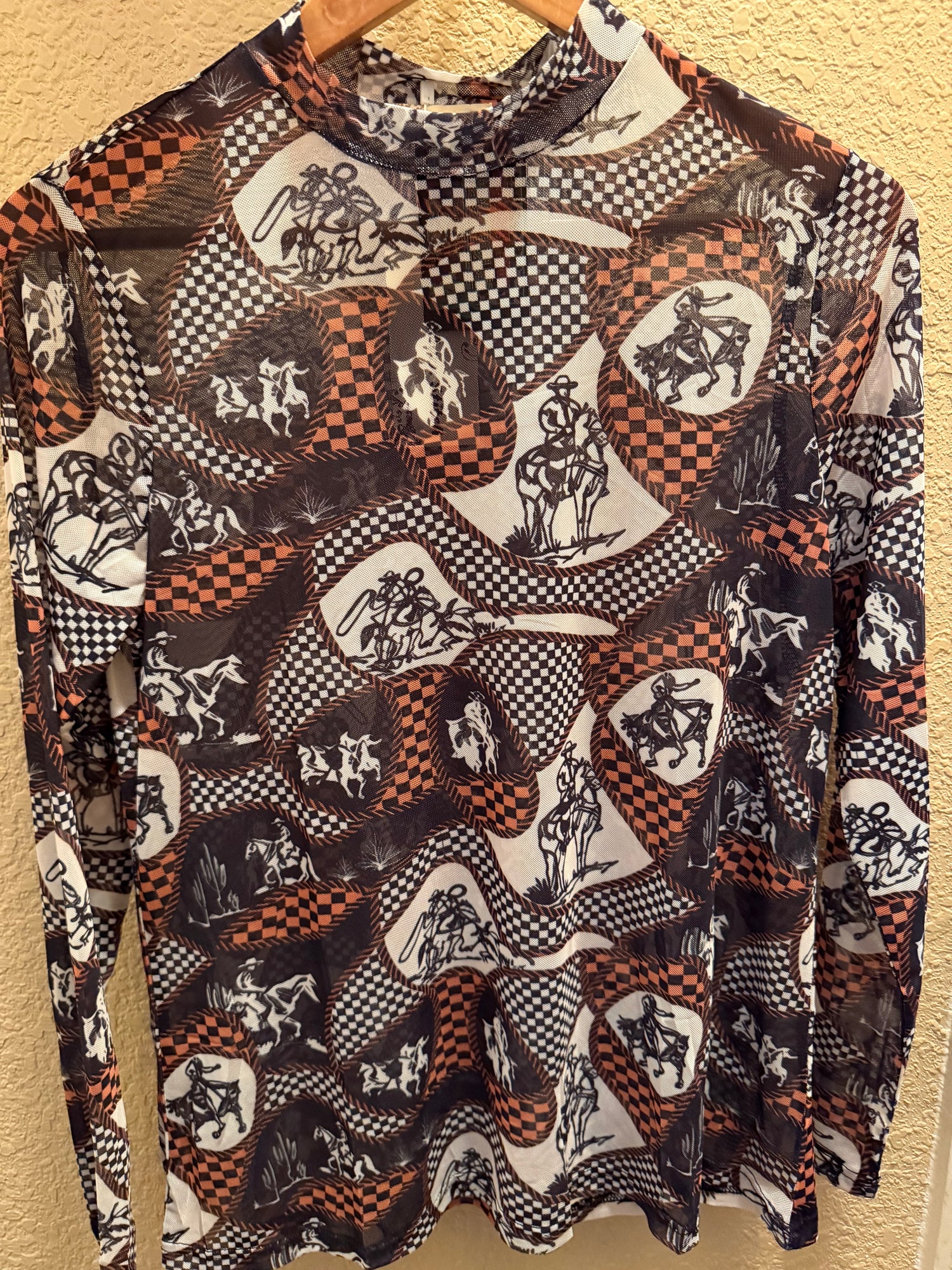 Lonesome Cowboy Printed Mesh Long Sleeve Top