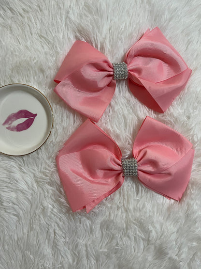 Pink Hair Bow with Rhinestone band.