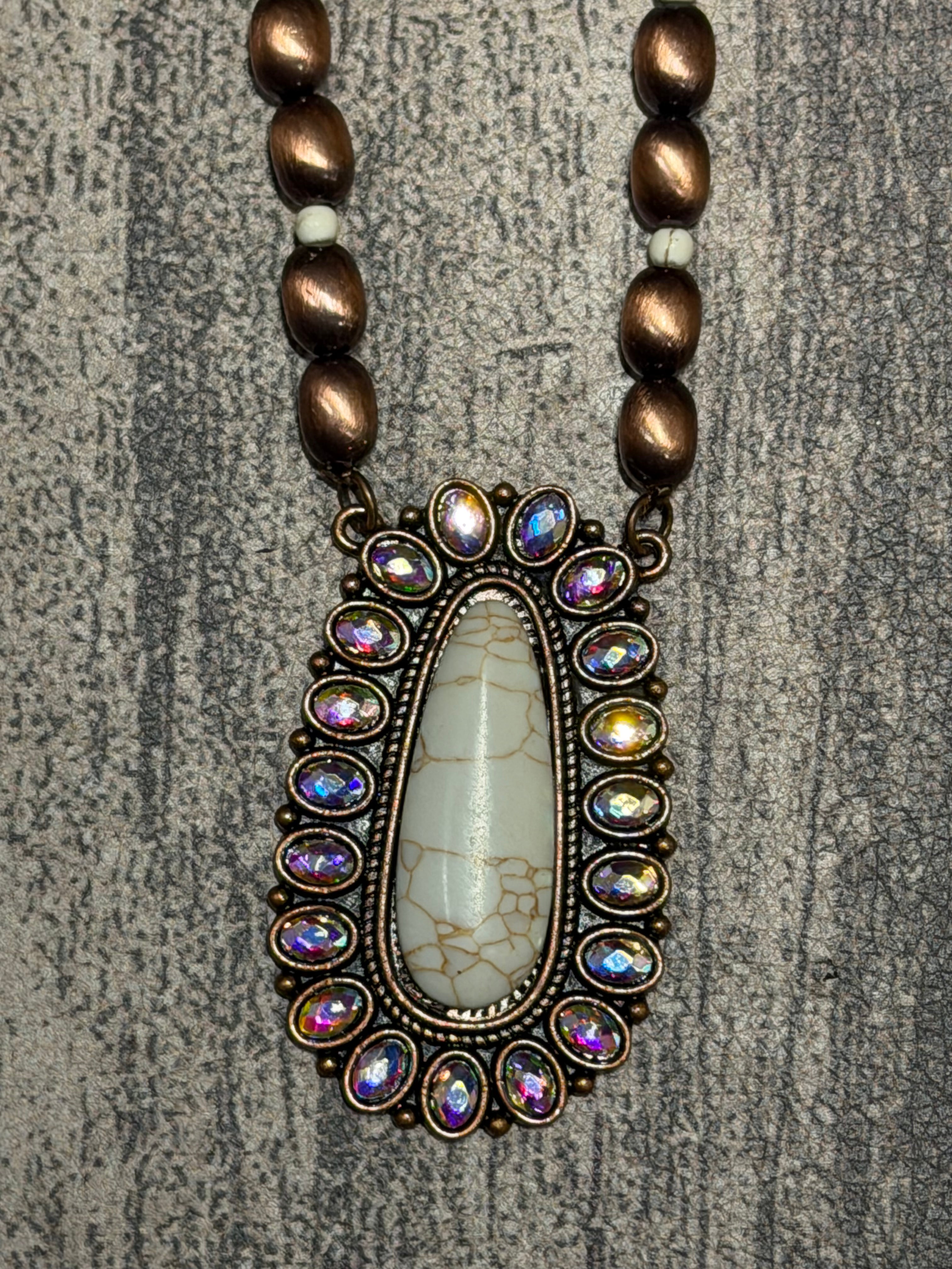 Iridescent Copper and Ivory Pendant on Bead Necklace