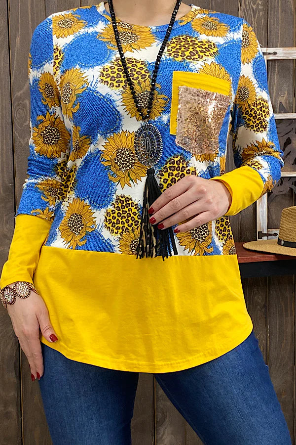 Women’s Long Sleeve Sunflower Top with Sequin Pocket