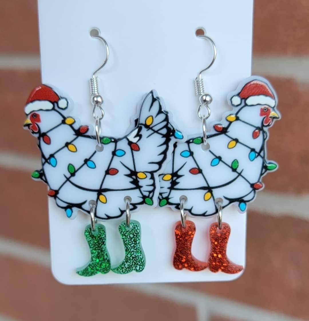 Christmas Chicken with Boots Dangle Earrings