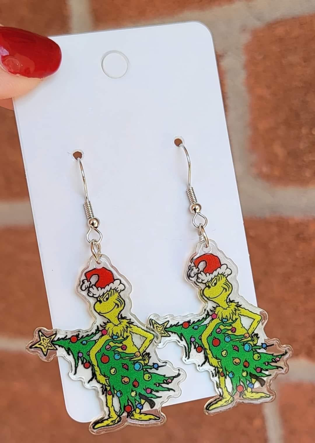 Grinch with Christmas Tree Dangle Earrings