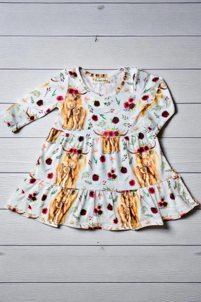 Highland Cow & Calf, and Marron Floral Long Sleeve Girls Dress