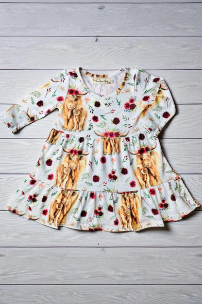 Highland Cow &amp; Calf, and Marron Floral Long Sleeve Girls Dress