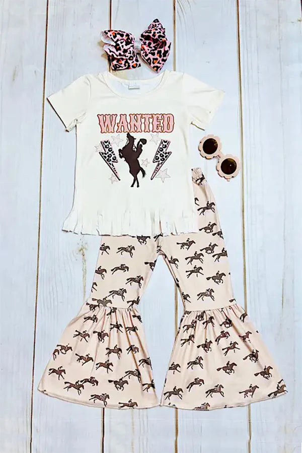 Western &quot;WANTED&quot; Cowboy Riding A Horse, Cream  2pc Pants Set