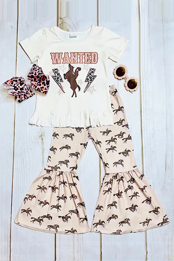 Western "WANTED" Cowboy Riding A Horse, Cream 2pc Pants Set