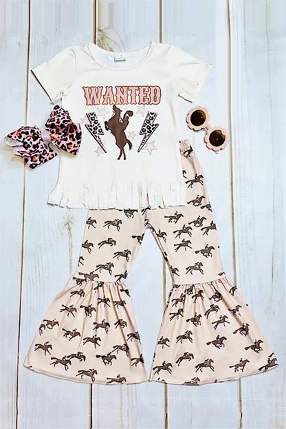 Western &quot;WANTED&quot; Cowboy Riding A Horse, Cream  2pc Pants Set