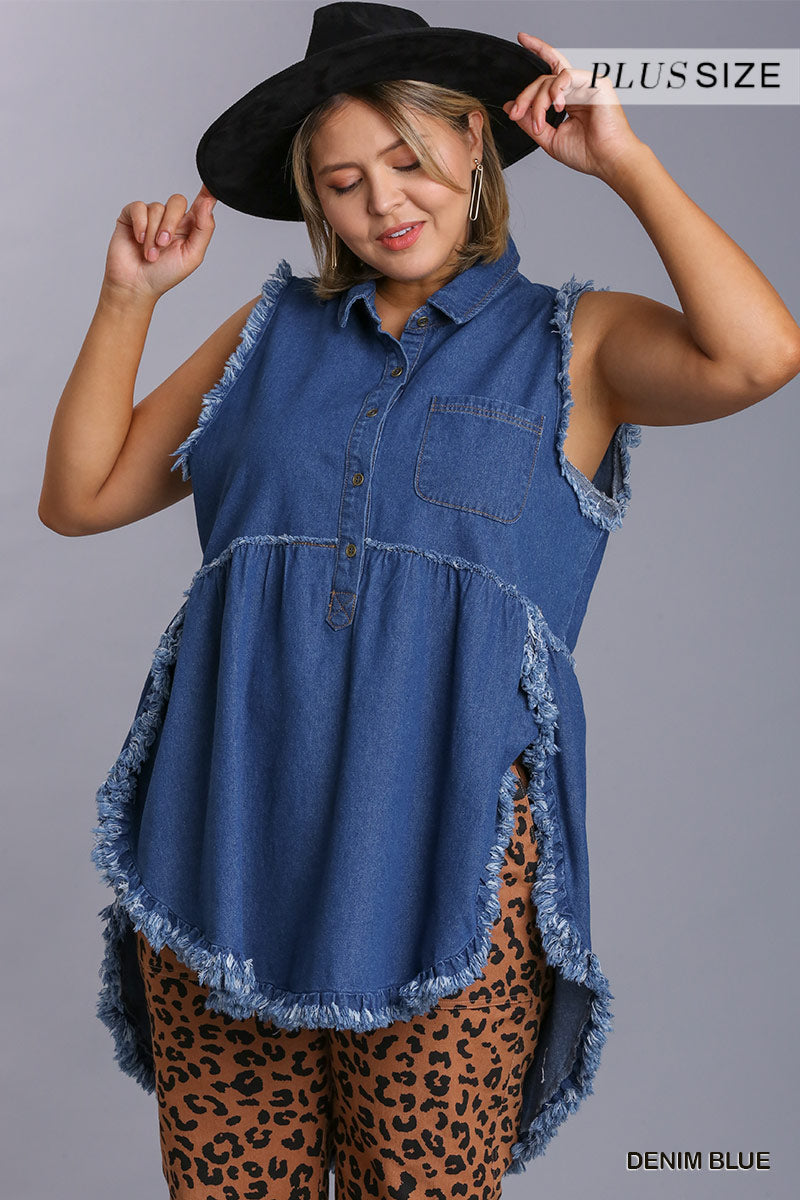 Plus Size Women’s Sleeveless Denim Tunic Dress with Raw Edges