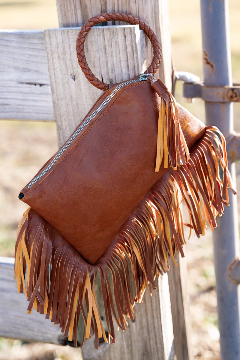 Front View-Cinnamon Color Faux Leather Fringe Bangle Wristlet