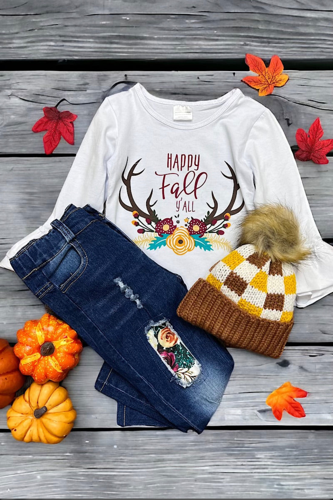 “Happy Fall Y’all” Girls Graphic Shirt with Ruffle Sleeves and Denim Pants with Floral Patches