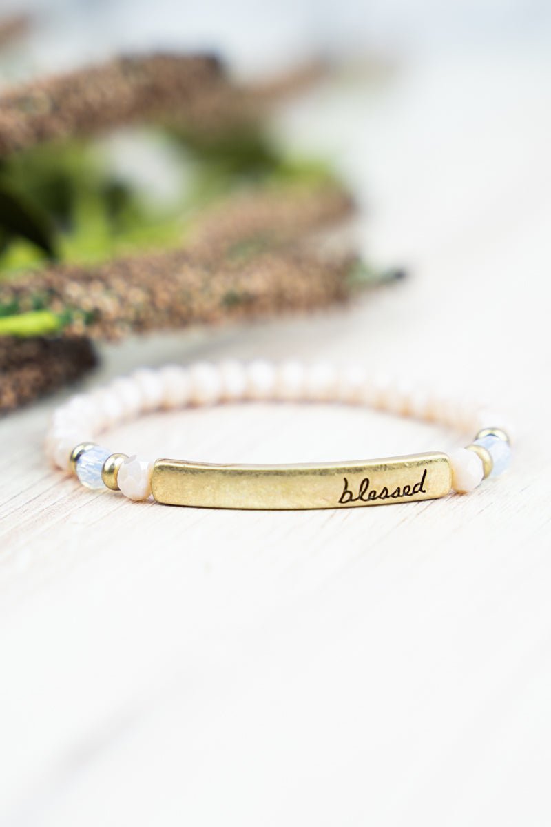 Crystal Avenue Goldtone ‘Blessed’ Bar Pink Glass Beaded Bracelet