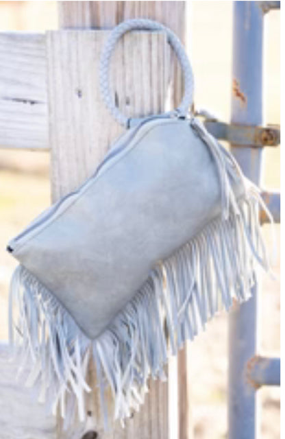 Front View- Gray Color Faux Leather Fringe Bangel Wristlet