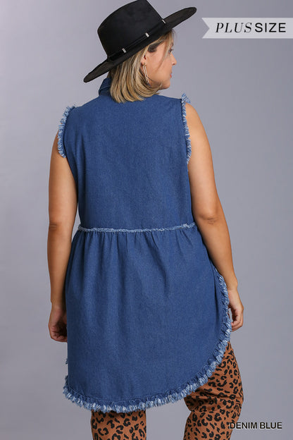 Plus Size Women’s Sleeveless Denim Tunic Dress with Raw Edges