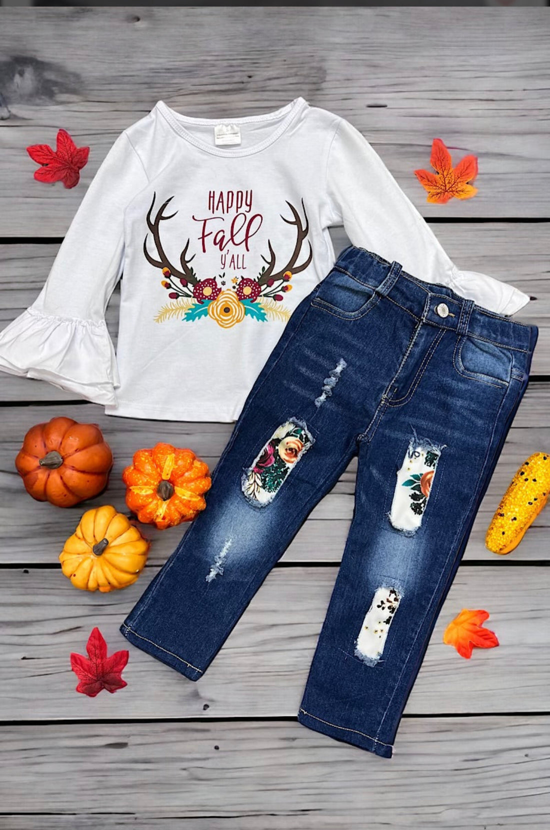 “Happy Fall Y’all” Girls Graphic Shirt with Ruffle Sleeves and Denim Pants with Floral Patches