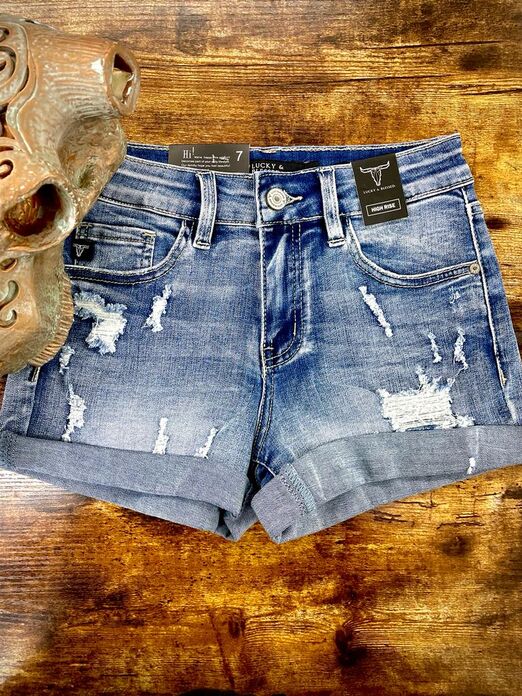 Womens Lucky and Blessed Stone Wash Distressed Denim Shorts