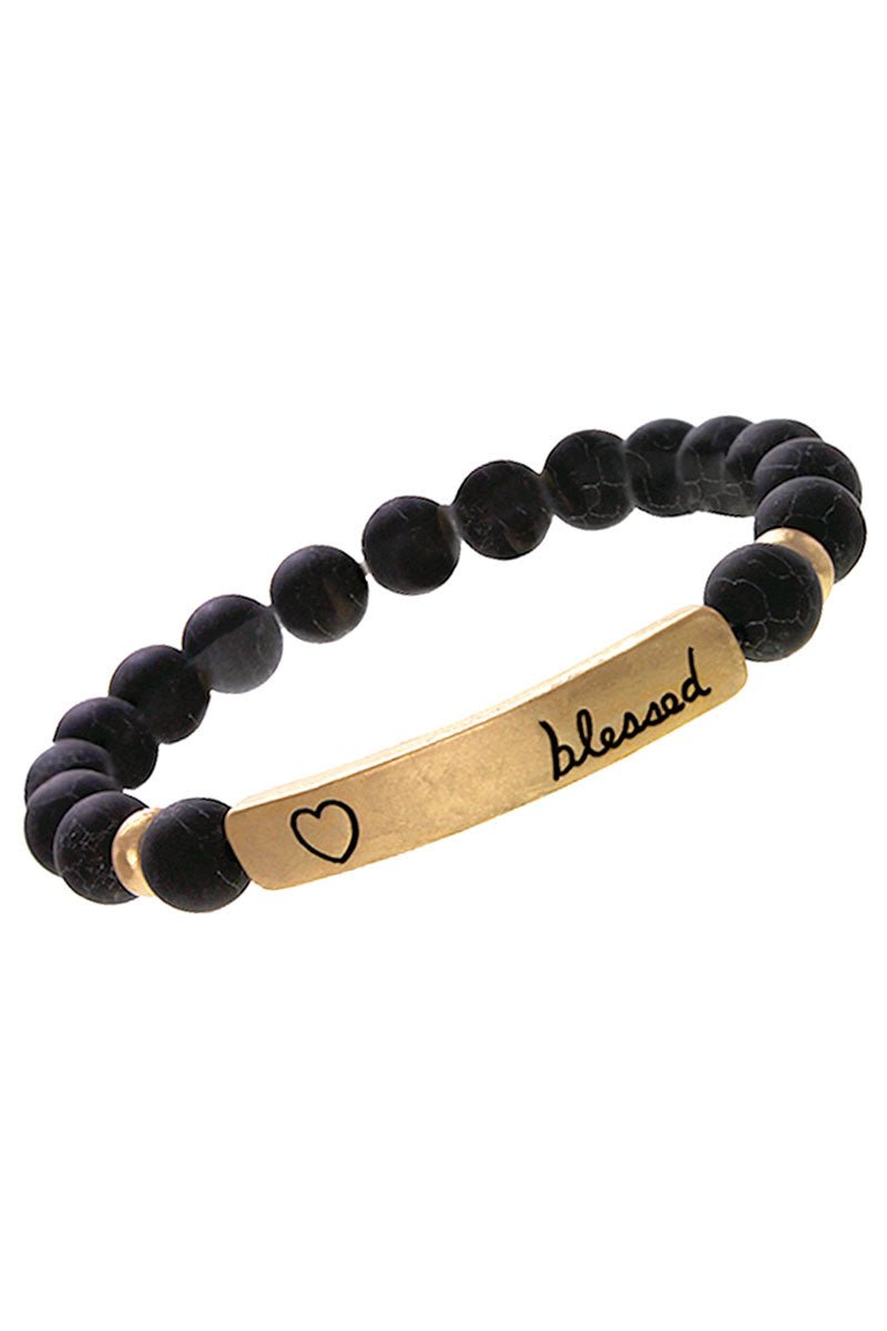 Crystal Avenue Goldtone ‘Blessed’ Bar Black Semi-Precious Stone Bracelet