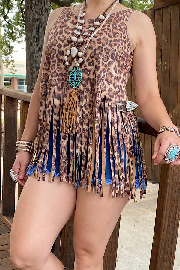 Womens Leopard Tank Top with Fringe Tassels