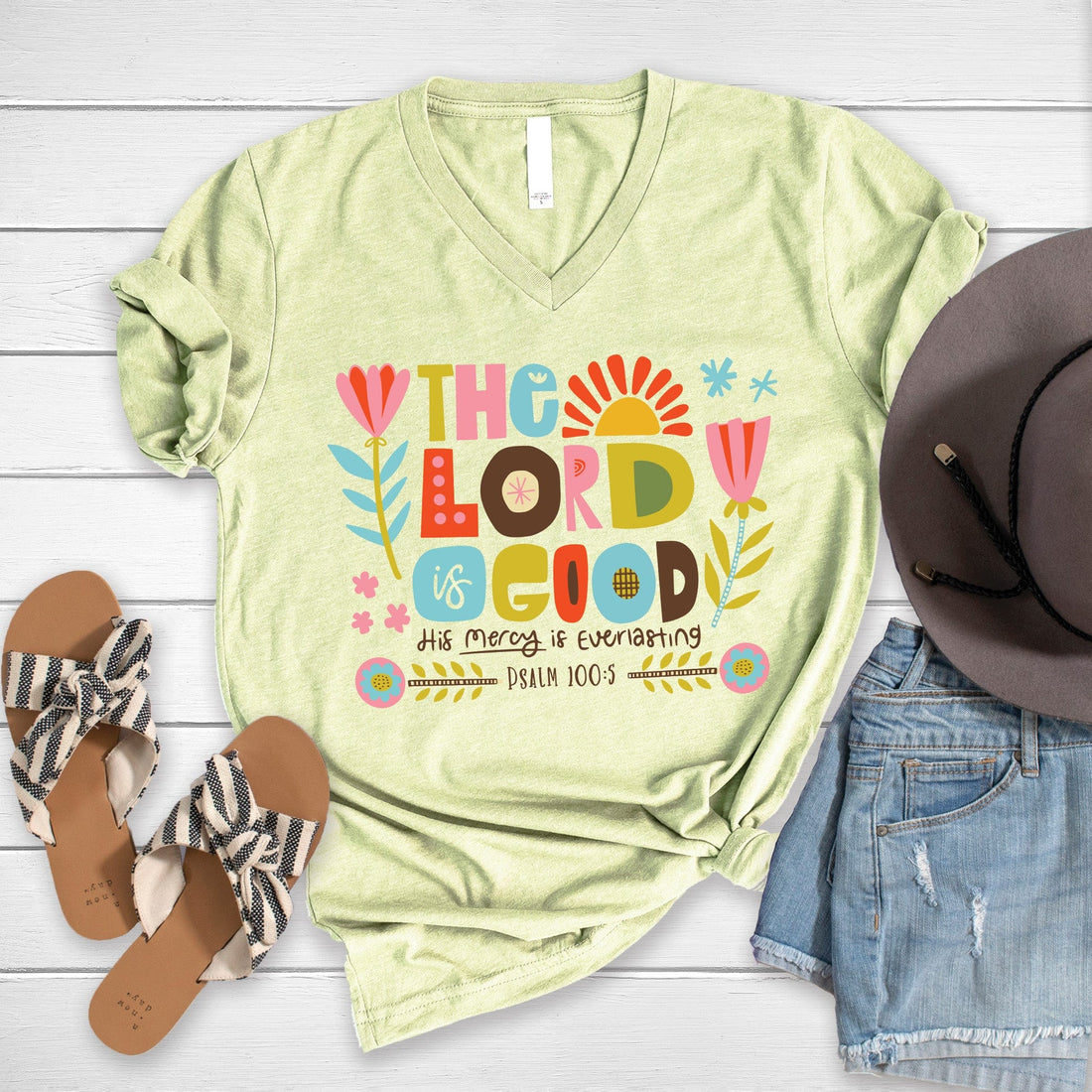 The Lord is Good, Heather Spring Green V-Neck Tee