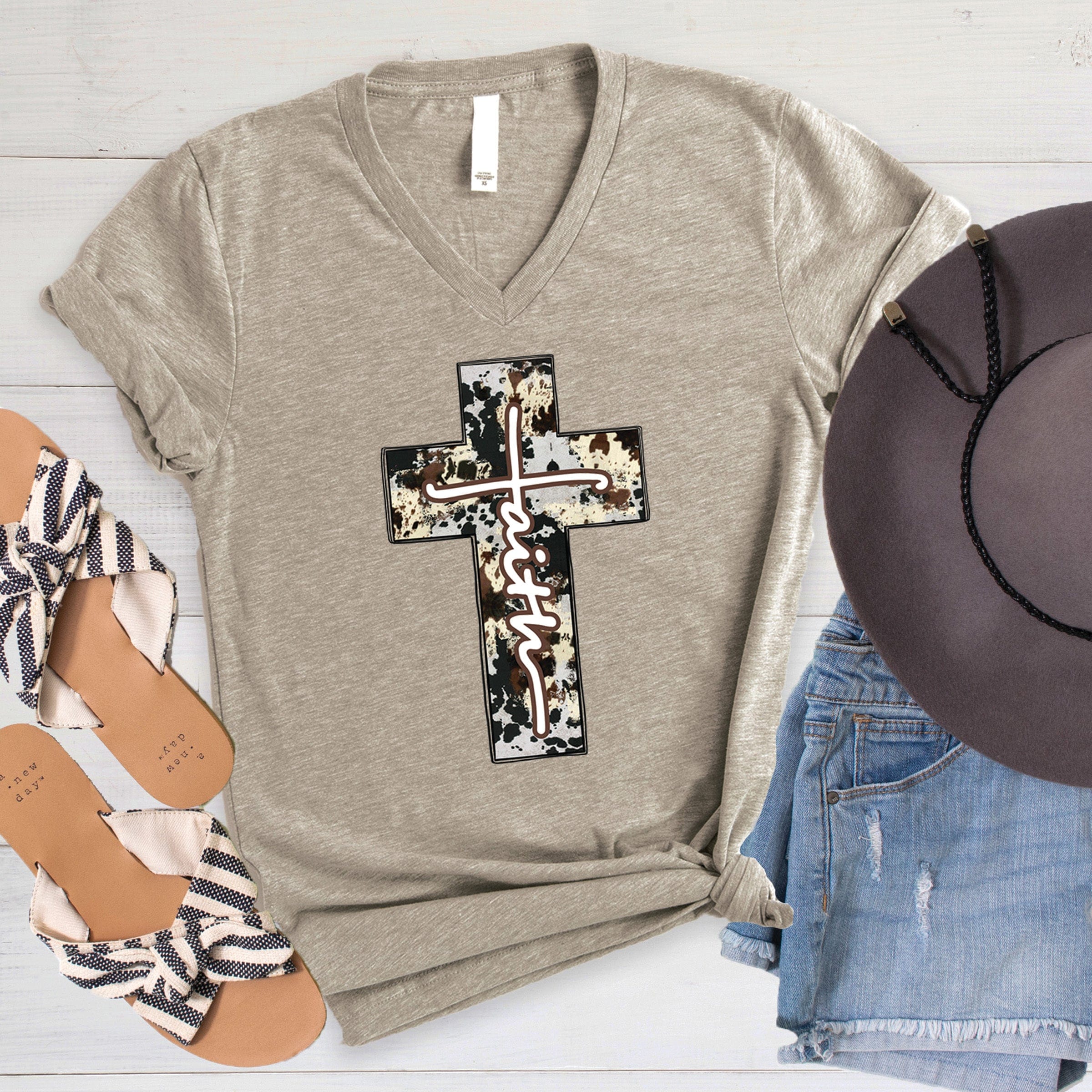 Cowhide Faith Cross, Heather Stone V-Neck Tee