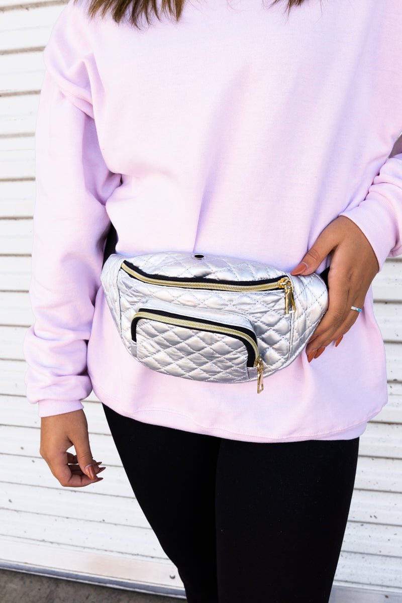 Close up View- SilverGetaway Faux Leather Quilted Fanny Packs