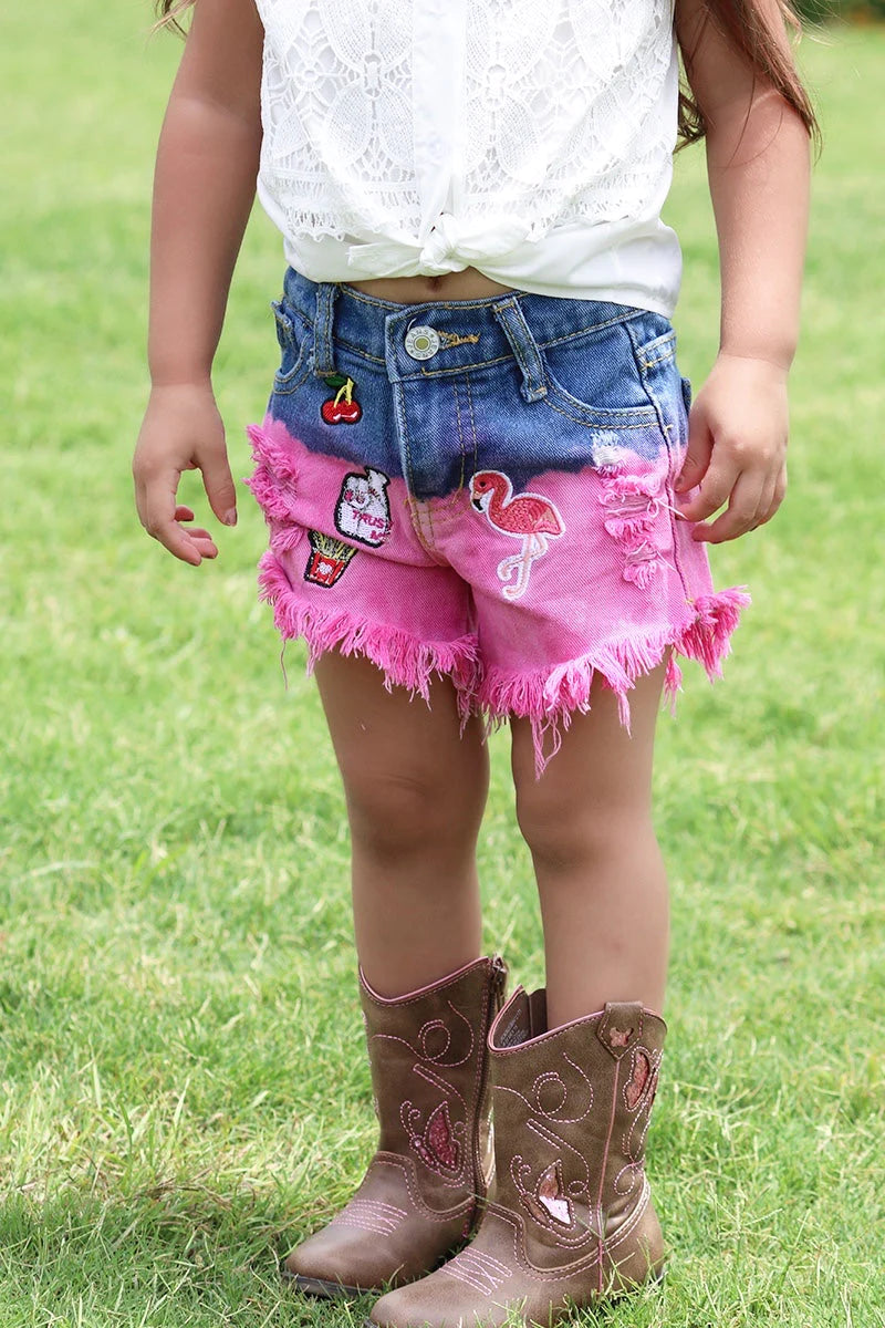 Front View-&quot;Cherry, Flamingo, and Fries&quot; Embroidered Distressed Girls Shorts