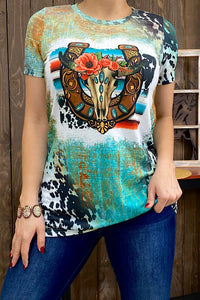 Colorful Short Sleeve with Bull Skull and Horseshoe