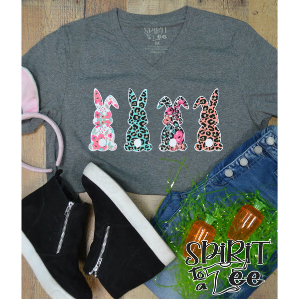 Top View- Womans Gray v-Neck Shirt with Bunnies