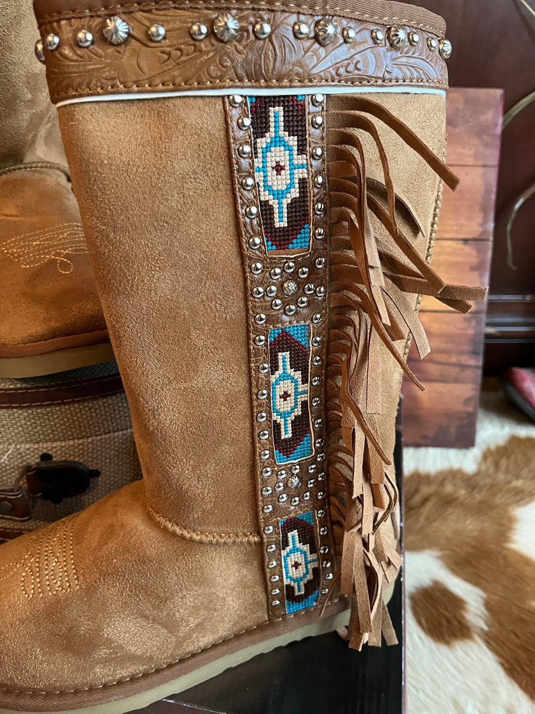 Montana West, Mid Calf Light Brown Fur Lined Boots w/Aztec Tapestry And Fringed