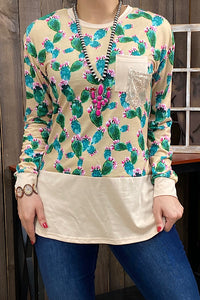 Cactus Print Long Sleeve Shirt with Double Pockets