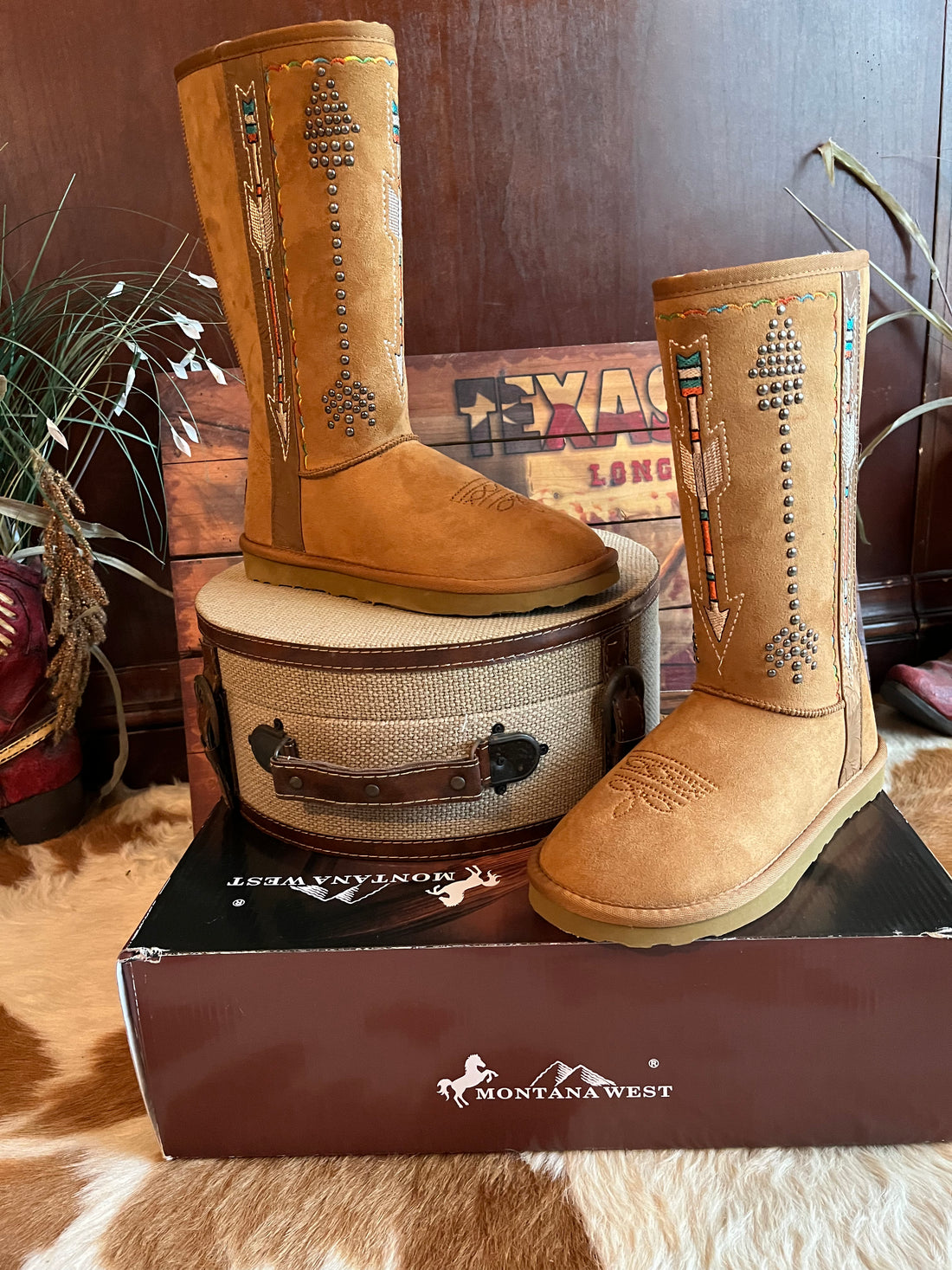 Montana West Mid Calf Light Brown w/ Multi Color Arrow and Rhinestones Boots