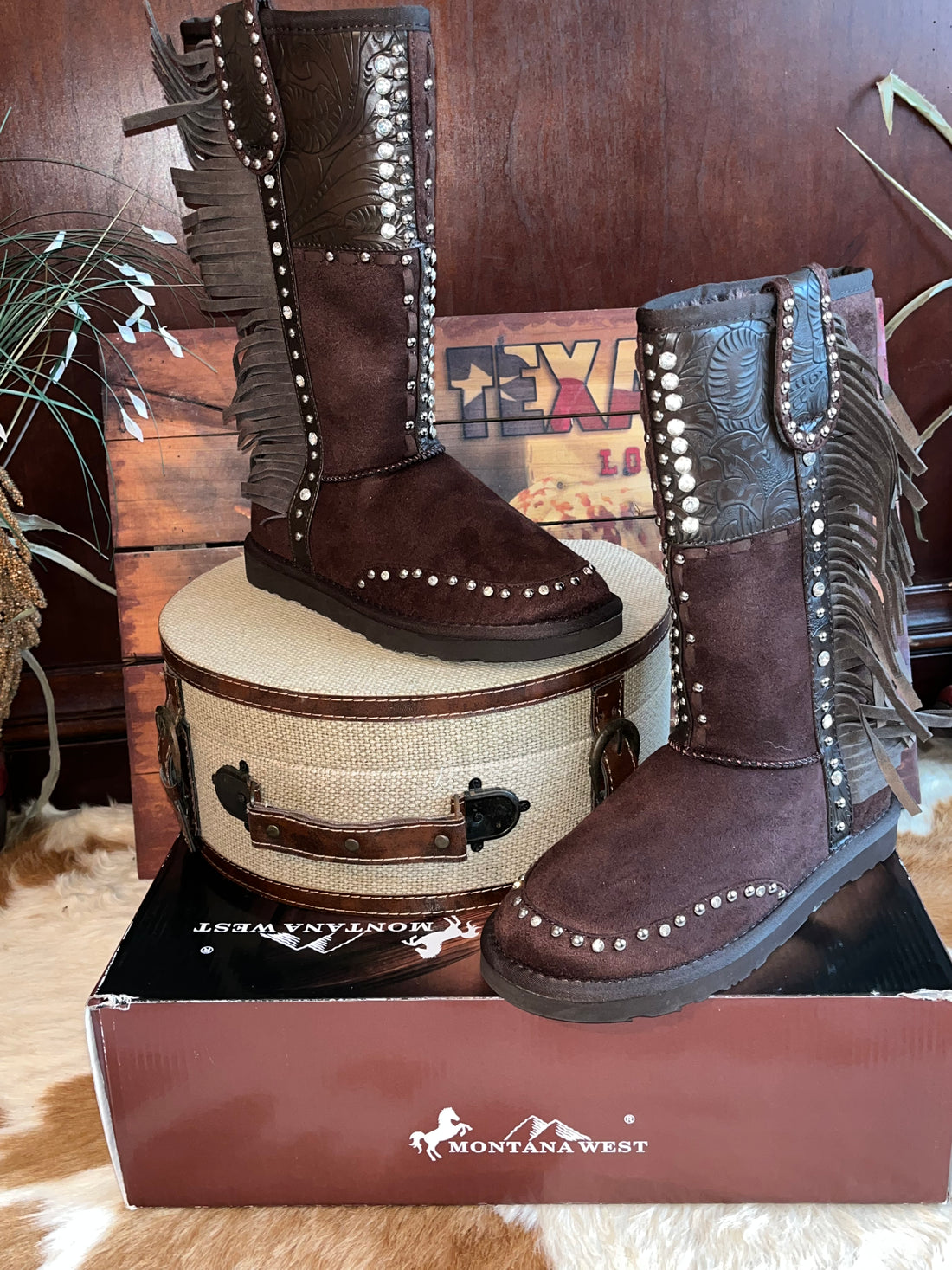 Montana West Dark Brown Fringed and Rhinestone Calf High Fur Lined Boots