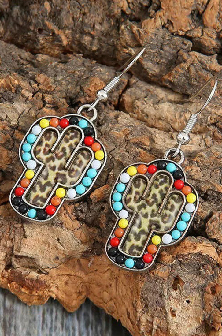 Top View- Boho Cheetah Print Cactus with Color-bead Dangle Earrings