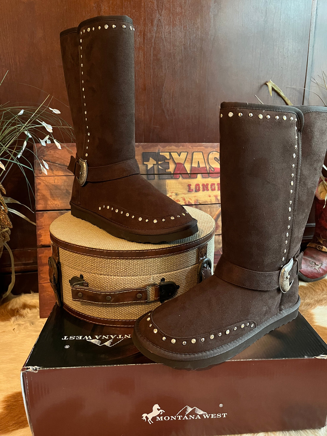 Front View-Montana West Mid Calf Dark Brown Fur Lined Boots w/Rhinestones and Buckle