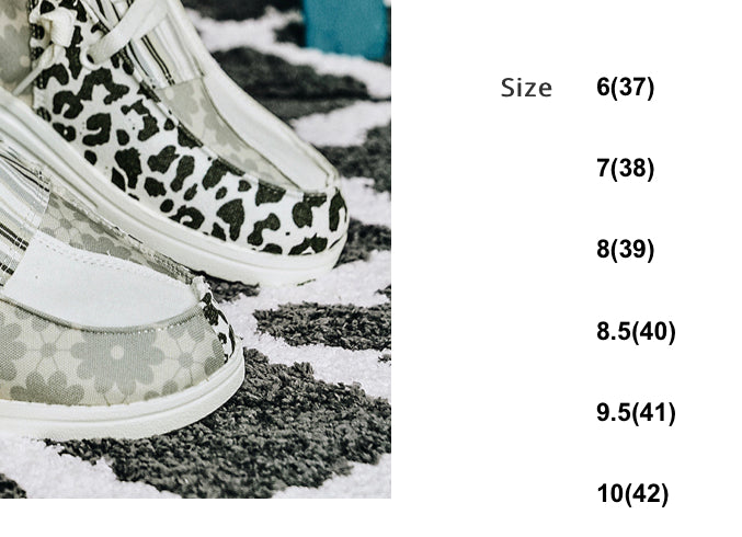 Size Chart-Grey  Striped &amp; Leopard Print Lace Up Boat Shoes with Flowers