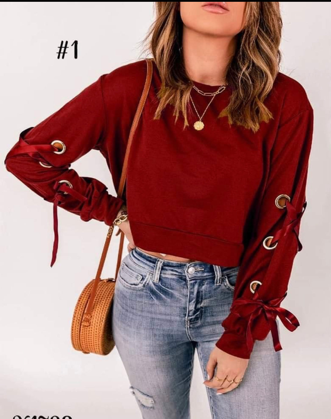 Red-Colored Crop Top Shirt with Lace-up Sleeves