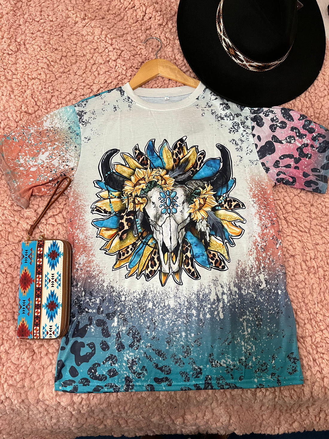 Top View-Bull skull with Sunflowers and Turquoise Shirt