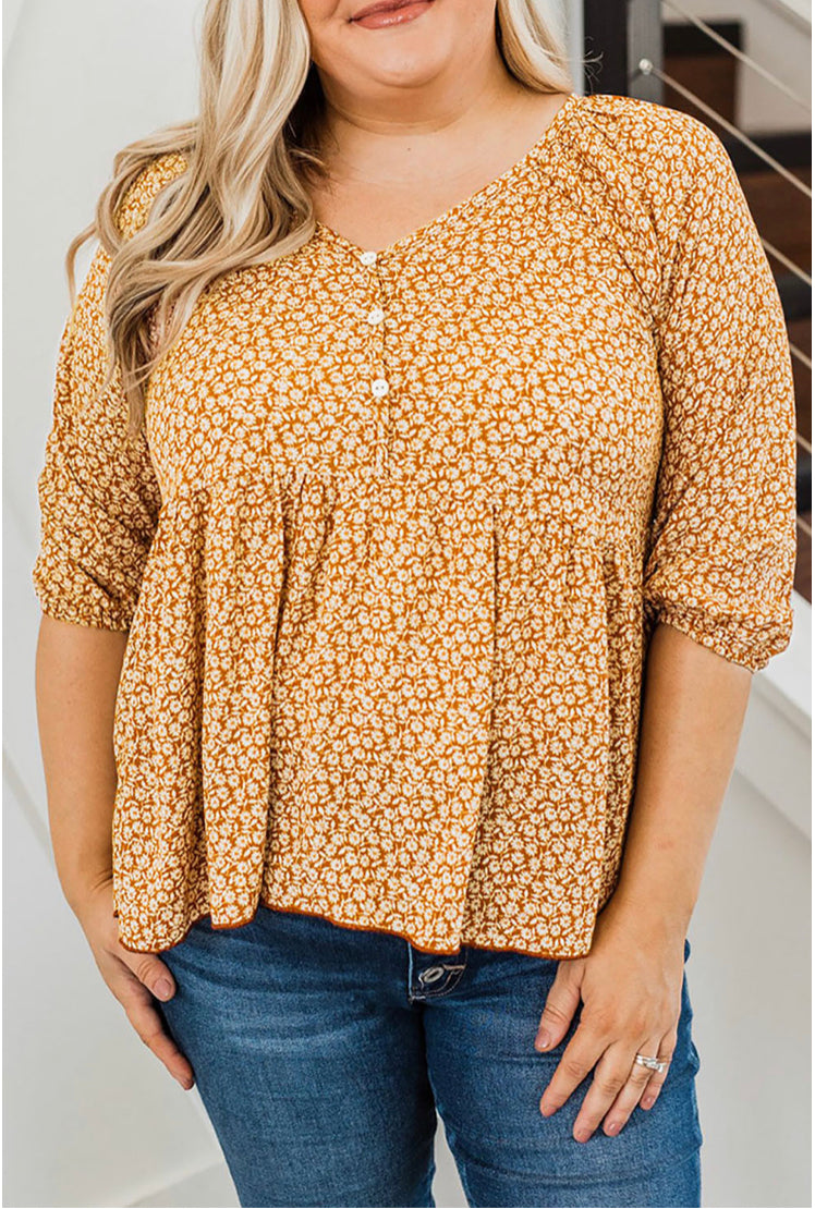 Plus Size- Mustard Floral Print Flowy Pleated Top