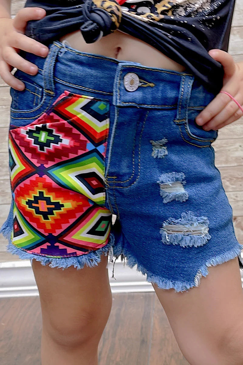 Close up-Aztec Printed Denim Shorts with Distressed Hem