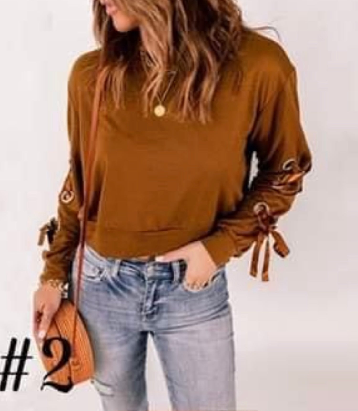 Front Caramel Color-Colored Crop Top Shirt with Lace-up Sleeves