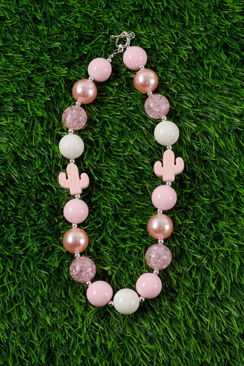 Pink with Cactus-Child’s -Bubble Gum Bead Necklace with Pendant