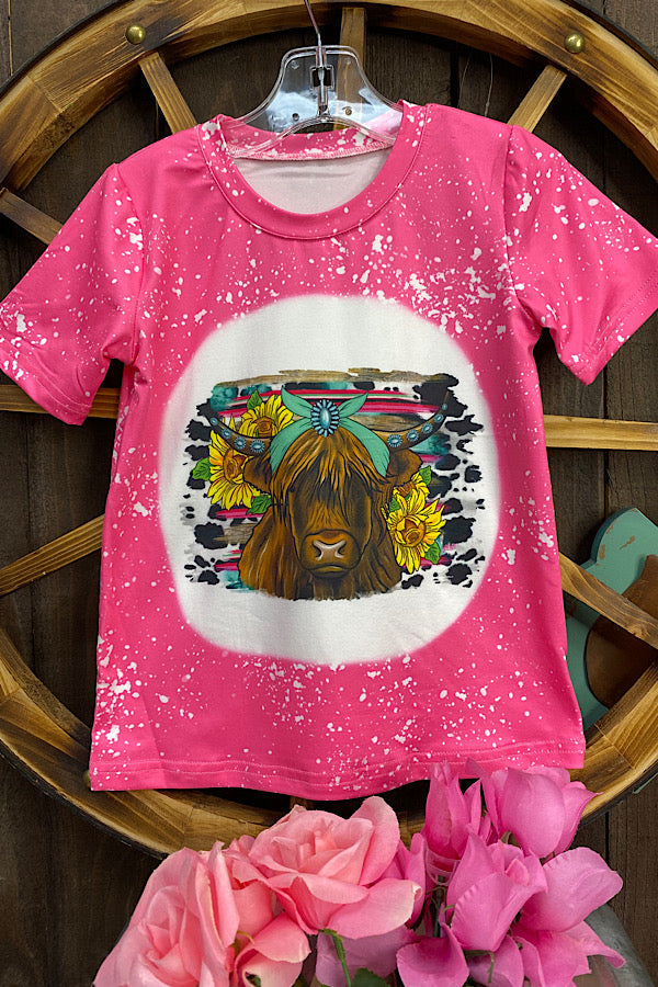Girls Pink Bleached Highland Cow with Sunflowers Shirt